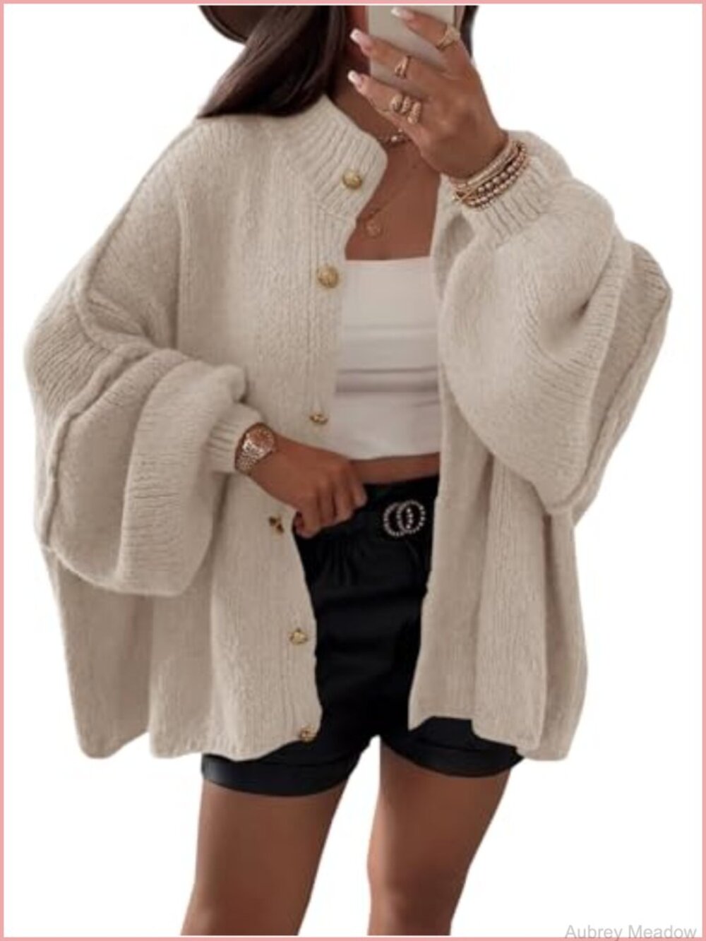 Oversized Chunky Knit Cardigan Sweater Coat with Button Down Lantern Sleeves